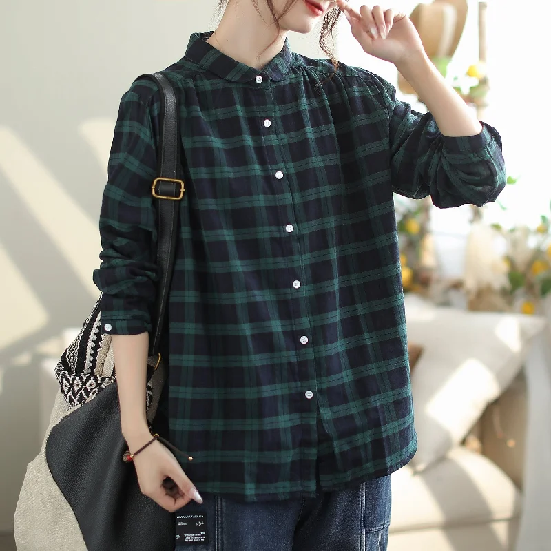 Women Casual Fashion Loose Plaid BlouseRuffled Shirts