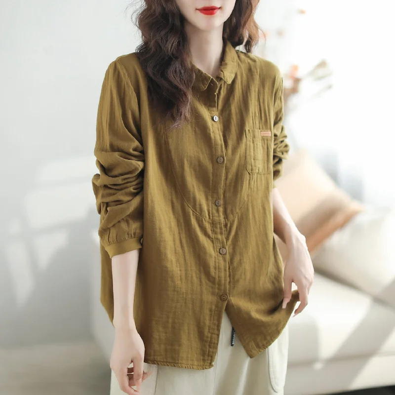 Women Casual Loose Solid Cotton Autumn BlouseCropped Shirts