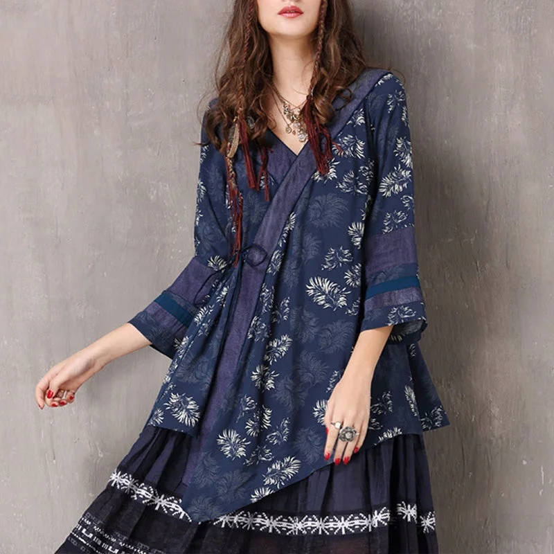 Women Ethnic Printed Asymmetric Loose BlouseTravel Shirts