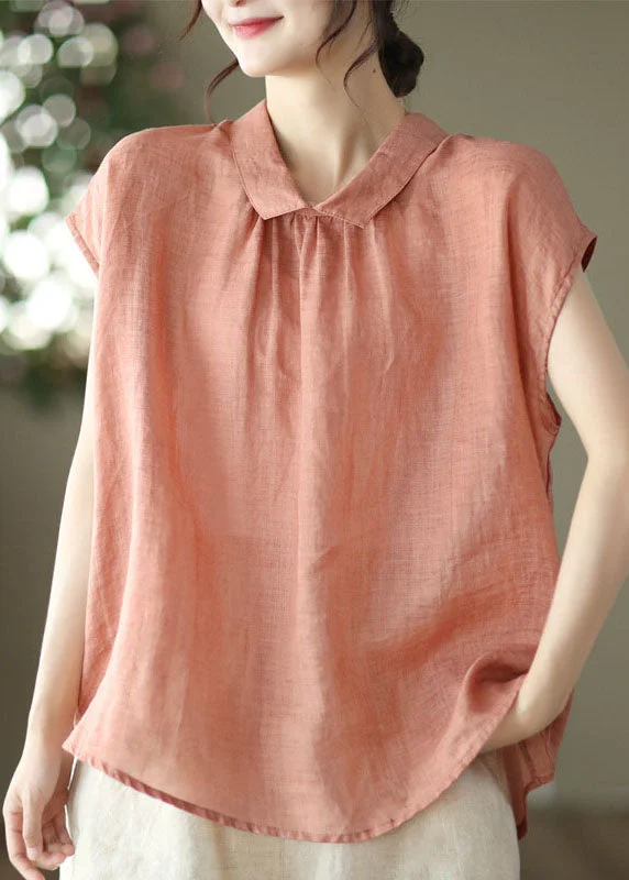 Women Orange Peter Pan Collar Patchwork Linen Blouses SummerPunk Shirts