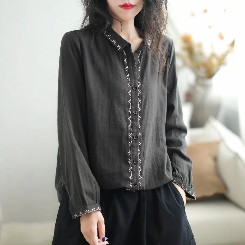 Women Retro Cotton Patchwork Loose Casual BlouseSilk Shirts