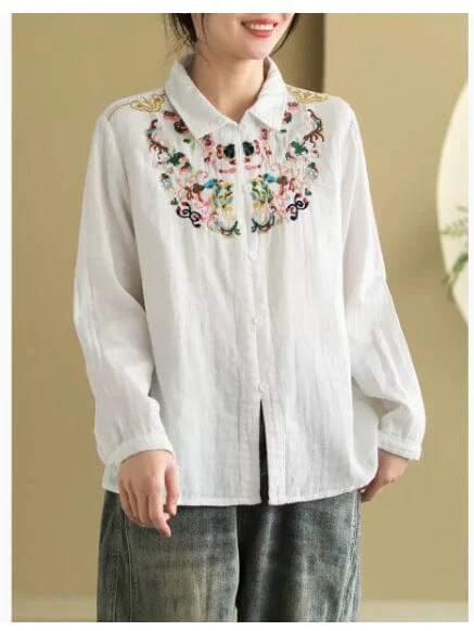 Women Retro Embroidery Spring Casual Loose BlouseThermal Shirts