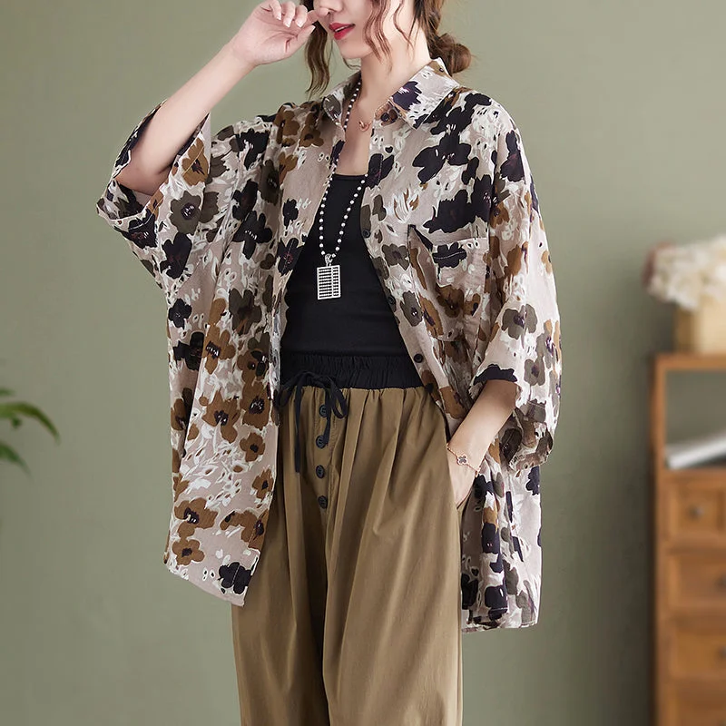 Women Retro Floral Cotton Linen Brown Long BlouseLongline Shirts