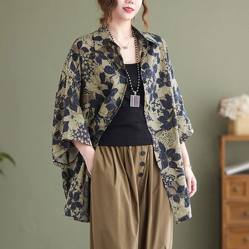 Women Retro Floral Cotton Linen Green Long BlouseRelaxed Fit Shirts