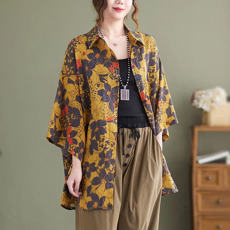 Women Retro Floral Cotton Linen Yellow Long BlouseSlim Fit Shirts