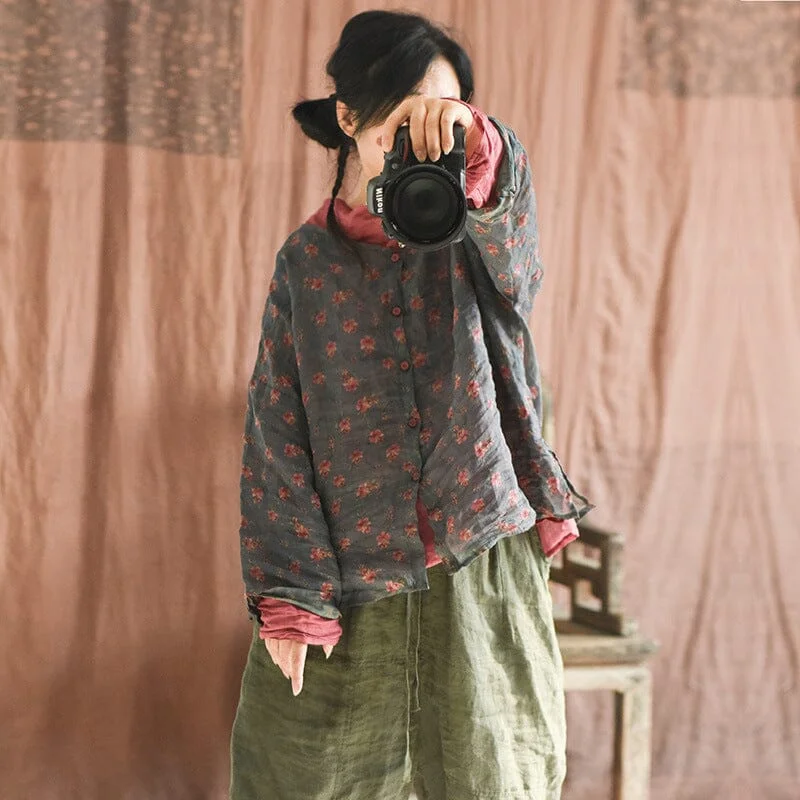 Women Retro Floral Loose Linen BlouseLayered Shirts