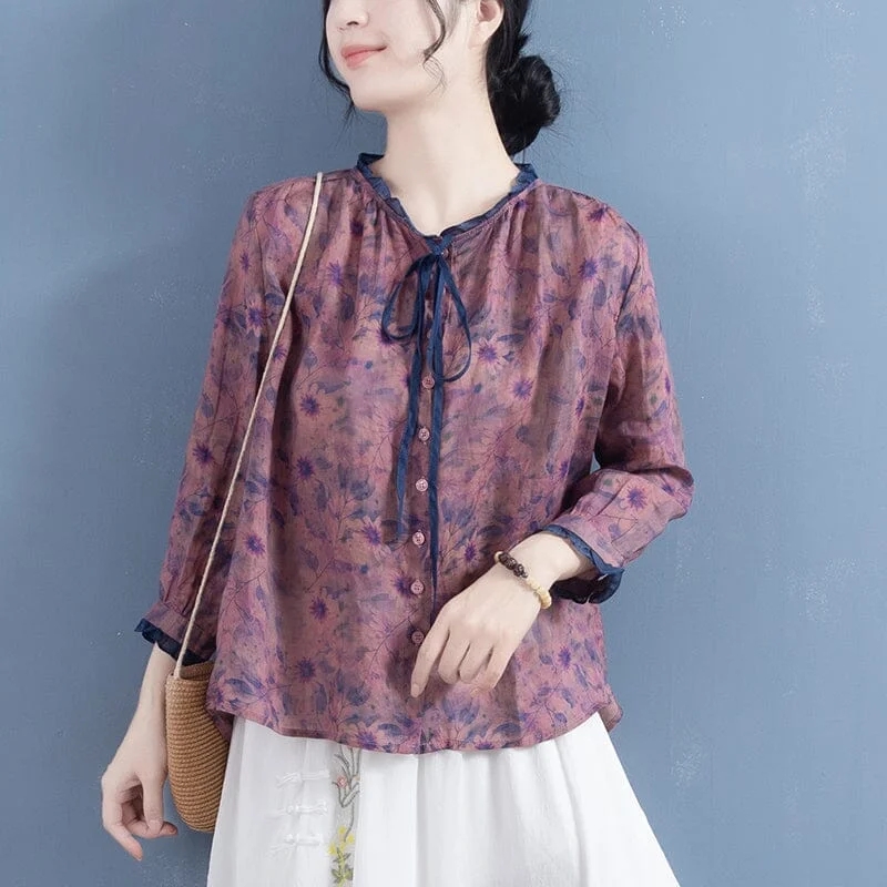 Women Retro Floral Printed Loose Linen BlouseThermal Shirts