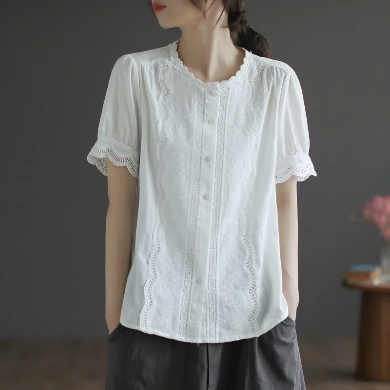 Women Retro Lace Trim Cotton Loose Summer BlouseHemp Shirts