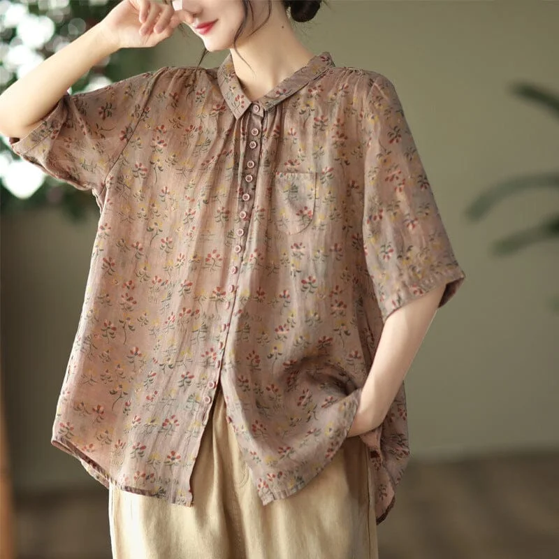 Women Retro Loose Casual Floral Linen BlouseRunning Shirts