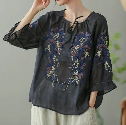 Women Retro Loose Embroidery Linen Blouse Half SleeveCotton Shirts