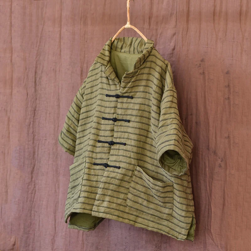 Women Retro Loose Linen Cotton Padded Stripe BlouseRibbed Cuff Shirts