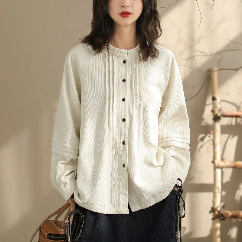 Women Retro Loose Solid Casual Corduroy BlouseBranded Shirts