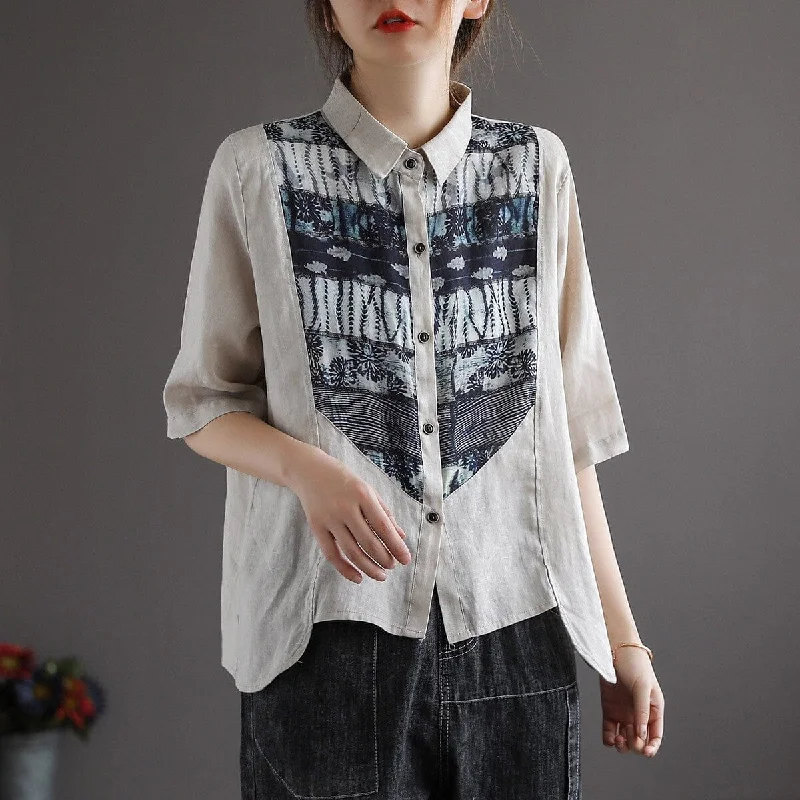 Women Retro Patchwork Linen Casual BlouseStreetwear Shirts