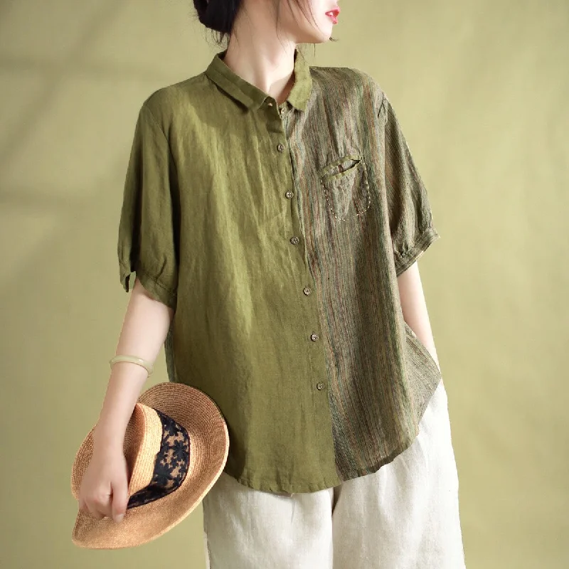 Women Retro Patchwork Loose Linen BlouseHip-Hop Shirts