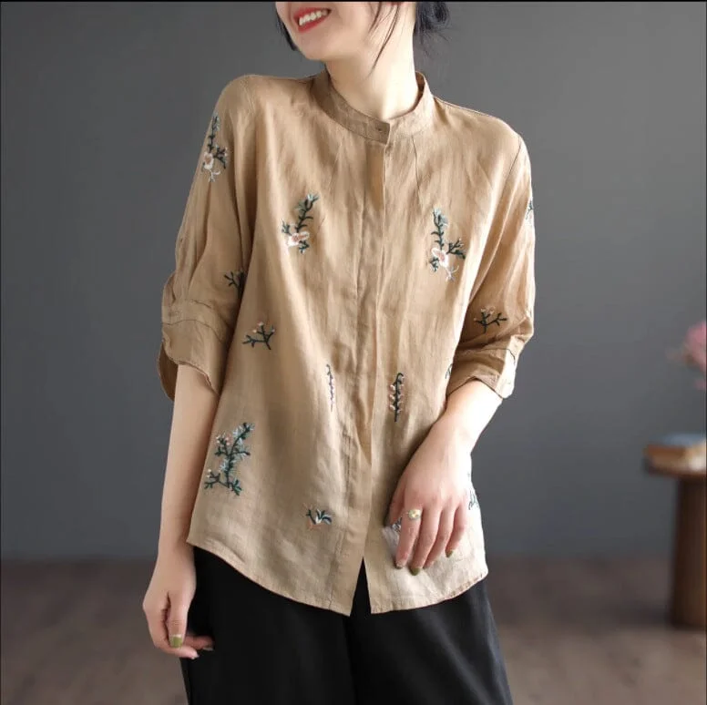 Women Retro Spring Embroidery Linen Loose BlouseOrganic Cotton Shirts