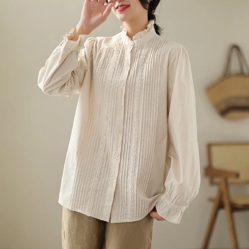 Women Retro Spring Ruffle Trim BlouseQuick-Dry Shirts