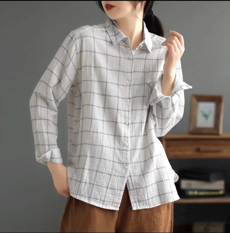 Women Spring Casual Cotton Plaid Loose BlouseRecycled Fabric Shirts