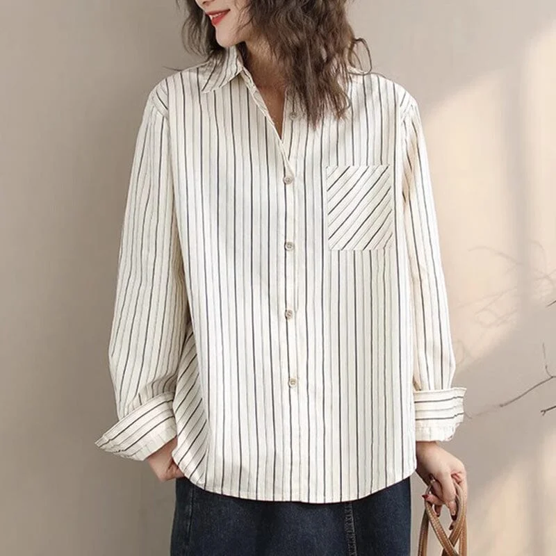 Women Spring Casual Cotton Stripe Loose BlouseRetro Shirts