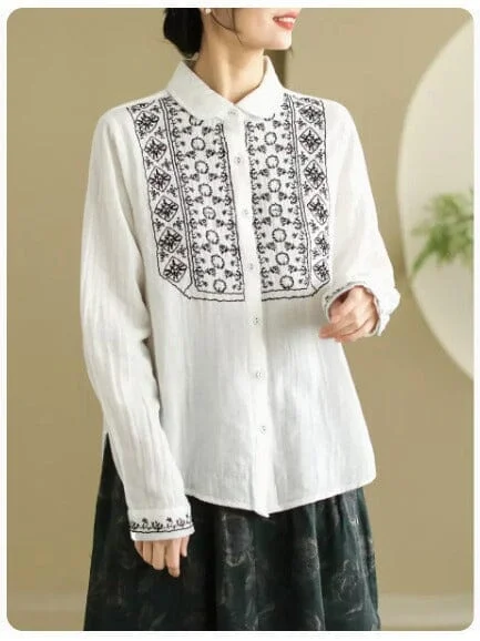 Women Spring Casual Embroidery Cotton BlouseUrban Shirts