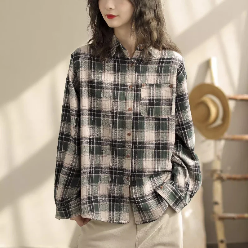 Women Spring Minimalist Plaid Cotton Loose BlouseLimited Edition Shirts