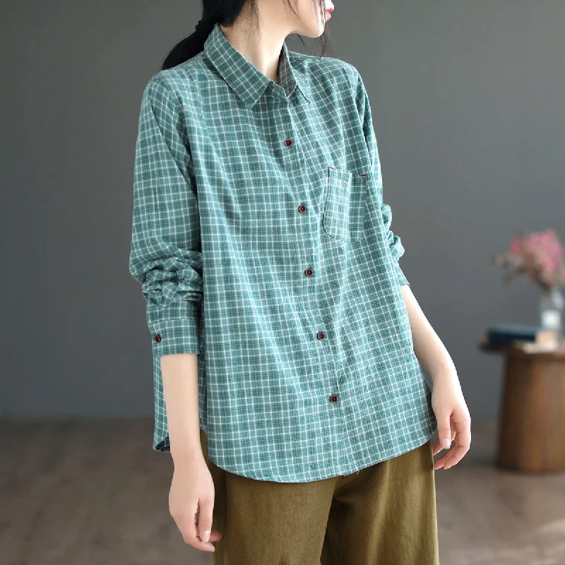 Women Spring Retro Cotton Plaid Casual BlouseStreetwear Shirts