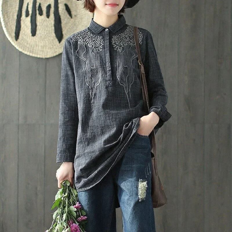 Women Spring Retro Embroidery Cotton Linen BlousePerformance Shirts