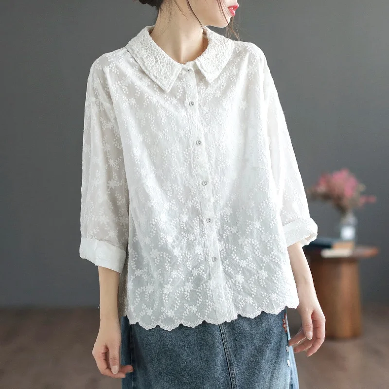 Women Spring Retro Embroidery Double Layers BlousePolyester Shirts