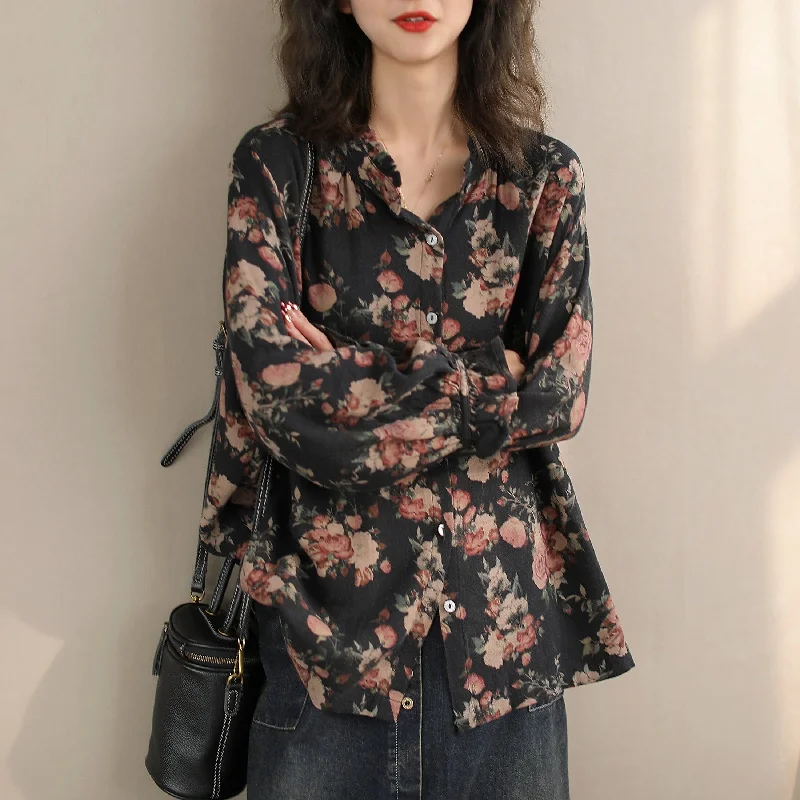 Women Spring Retro Floral Cotton Loose Casual BlouseFestival Shirts