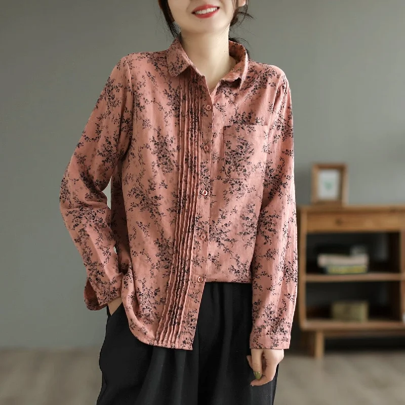 Women Spring Retro Print Loose Cotton Linen BlouseOutdoor Shirts