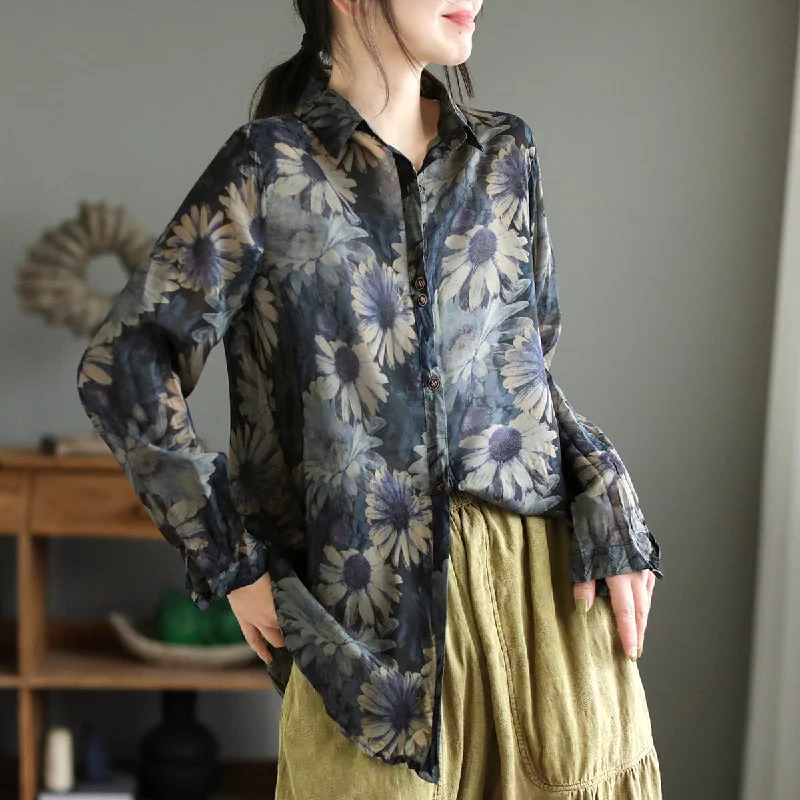 Women Spring Retro Print Loose Overlength BlouseCamping Shirts