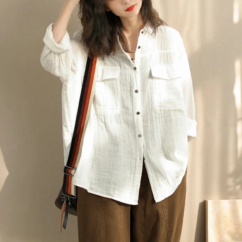 Women Spring Solid Minimalist Cotton Casual BlouseArtist Shirts