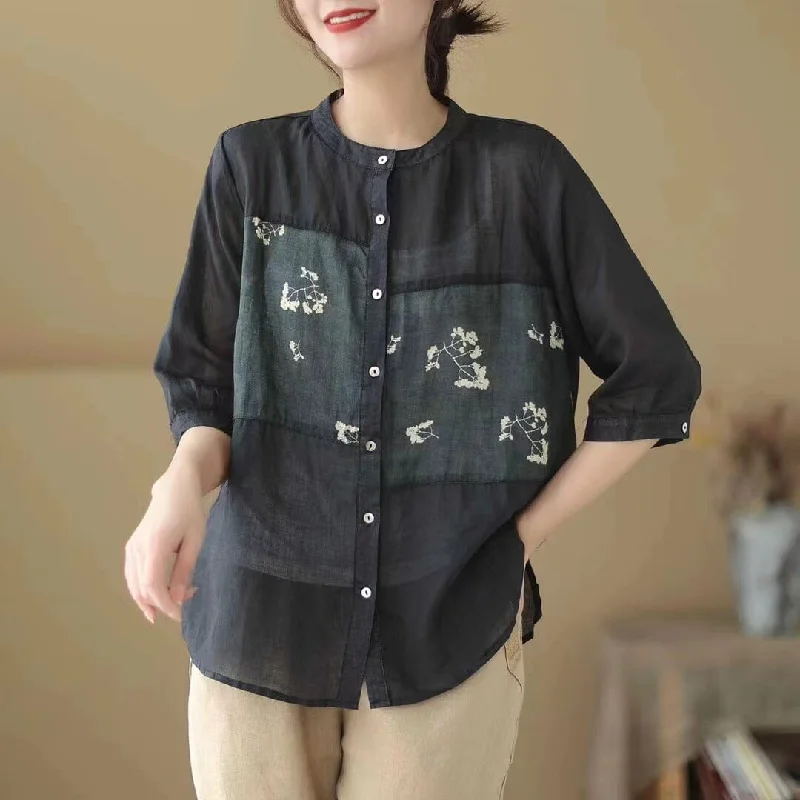 Women Summer Casual Linen Floral Patchwork BlousePrinted Shirts