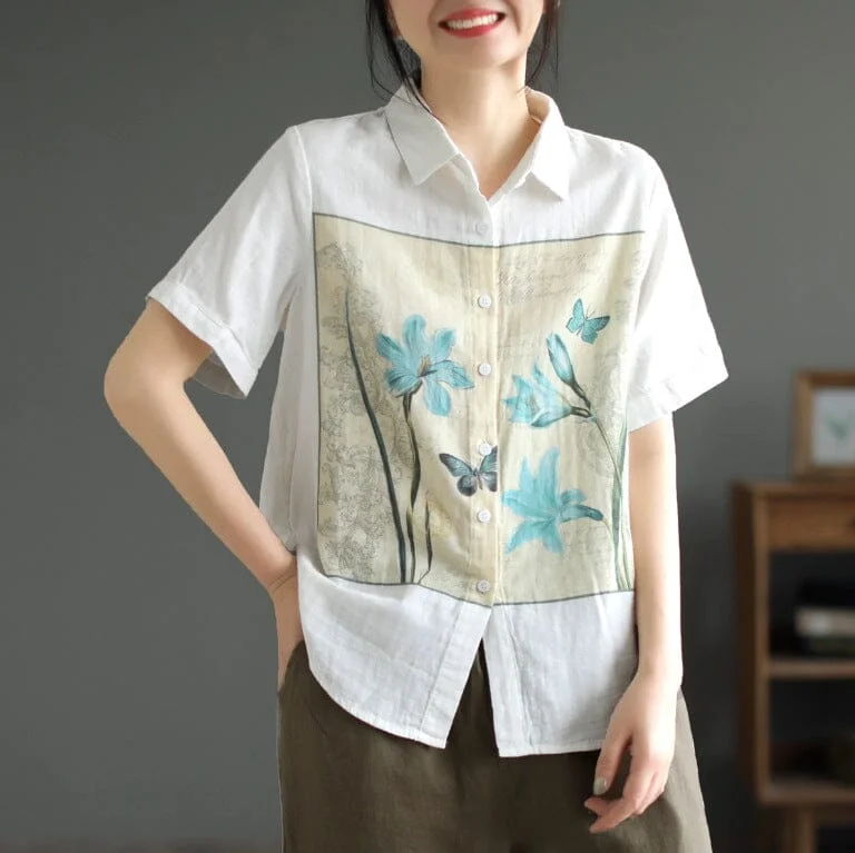 Women Summer Casual Loose Retro Print BlouseRuffled Shirts