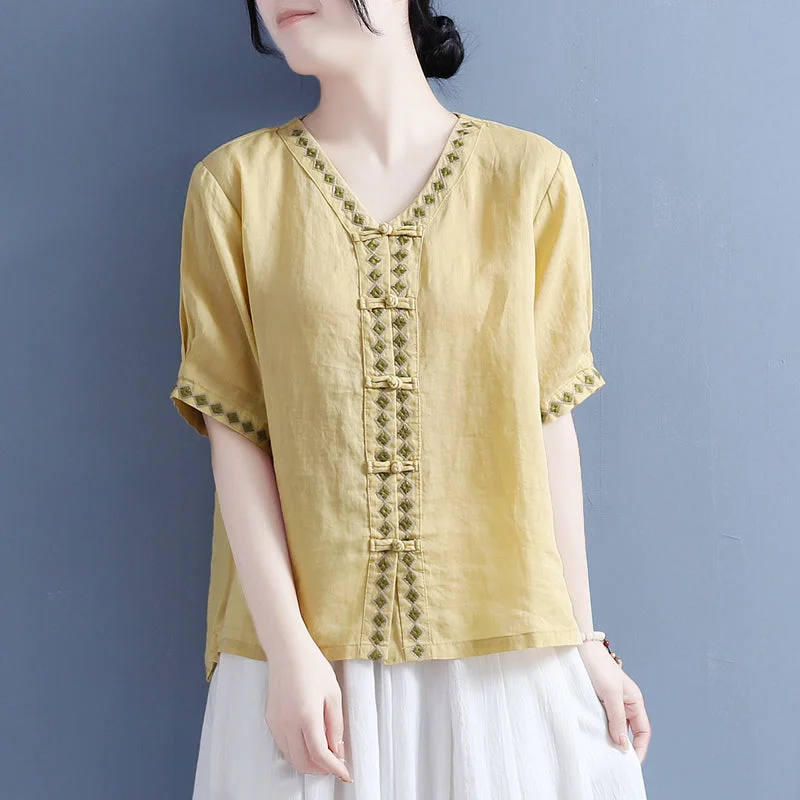 Women Summer Cotton Linen Vintage BlousePeplum Shirts