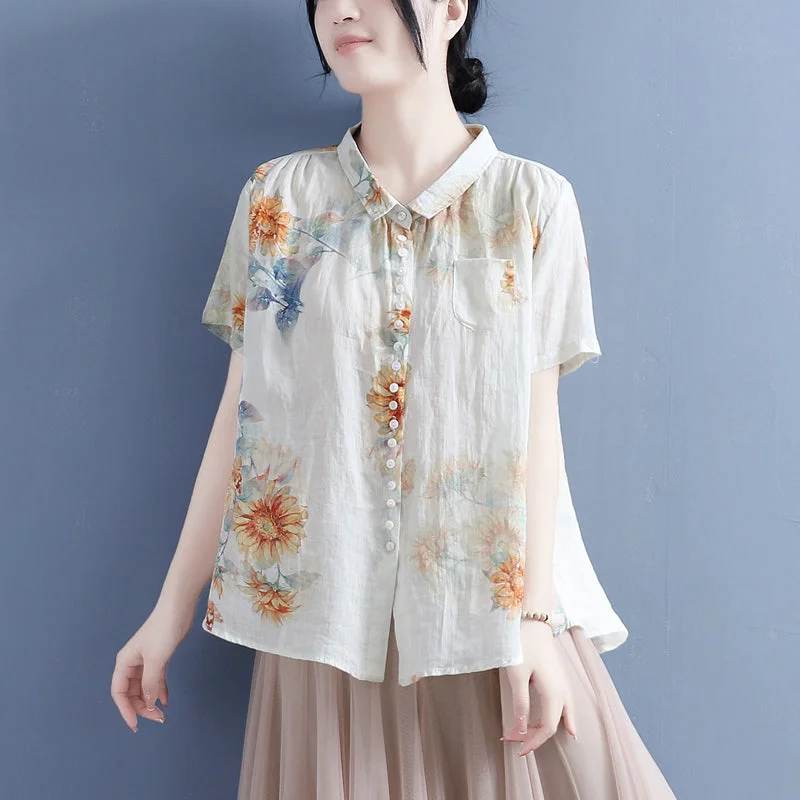 Women Summer Linen Floral Printed Loose BlouseTunic Shirts