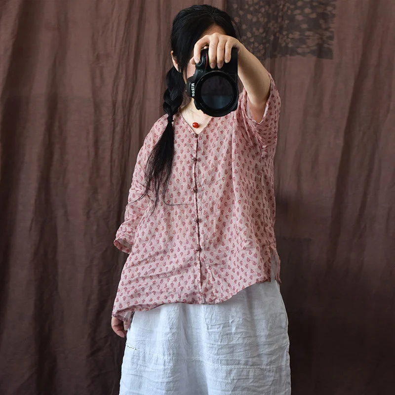 Women Summer Loose Floral Printed Linen BlouseOversized Shirts