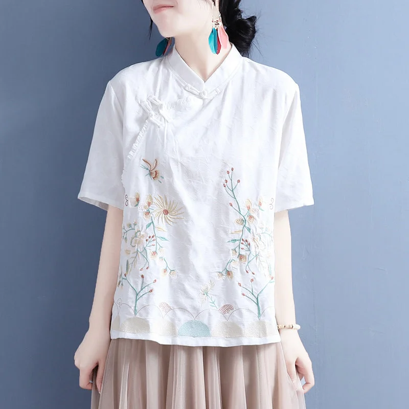 Women Summer Retro Floral Embroidery BlouseGraphic Shirts