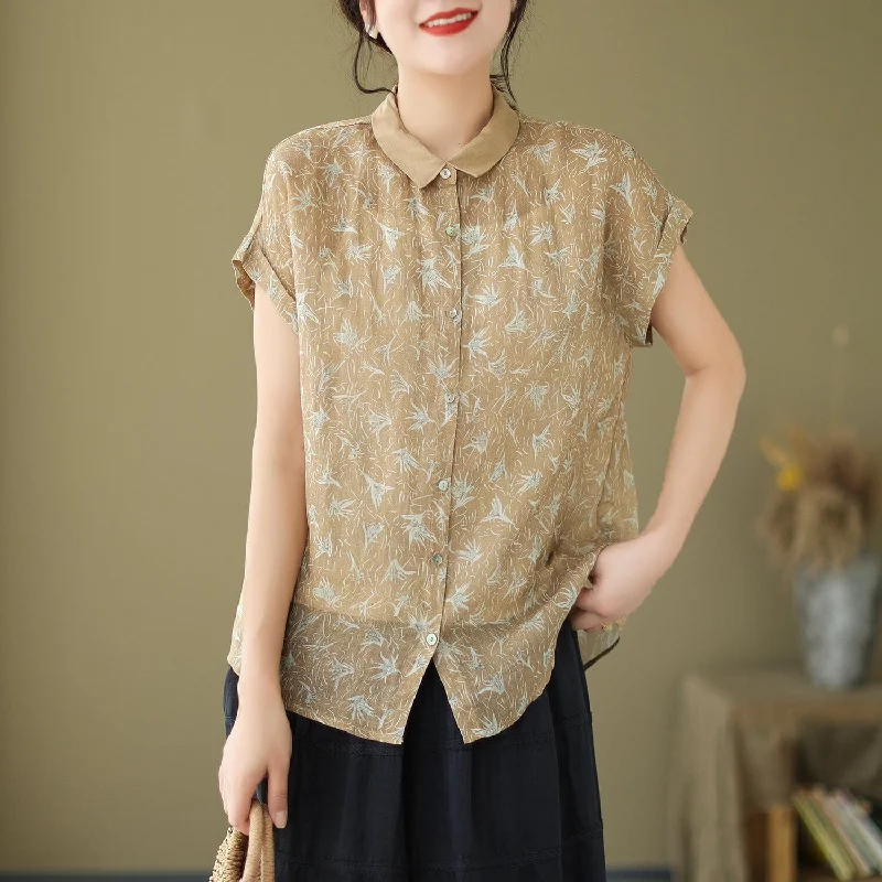 Women Summer Retro Floral Linen BlouseRibbed Cuff Shirts