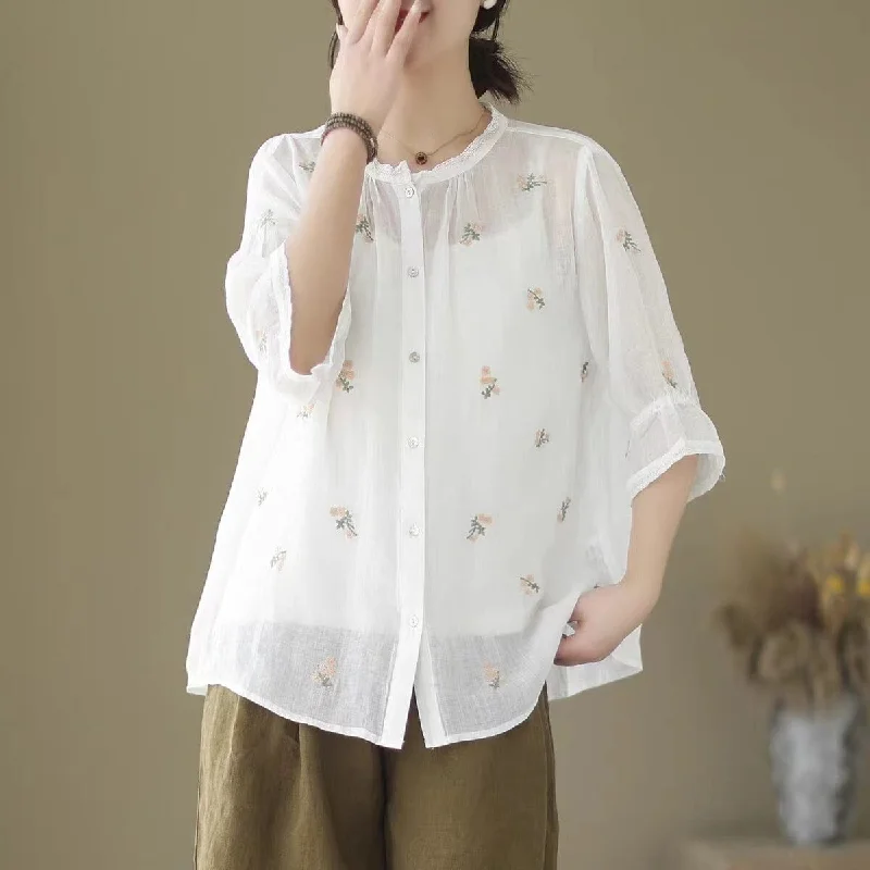 Women Summer Retro Linen Embroidery BlouseAsymmetrical Shirts