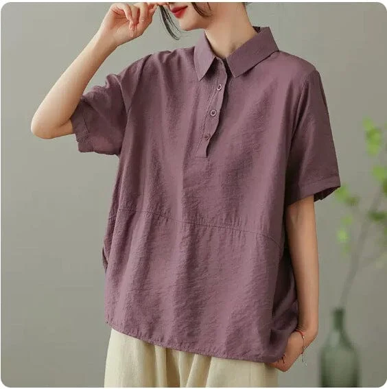 Women Summer Solid Casual Linen BlouseLace-Up Shirts