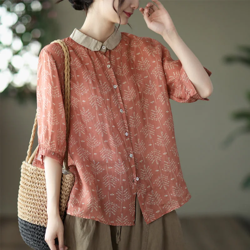 Women Summer Vintage Floral Linen BlouseWrap Shirts