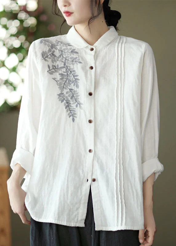 Women White Peter Pan Collar Embroideried Cotton Blouse Top SpringRetro Shirts