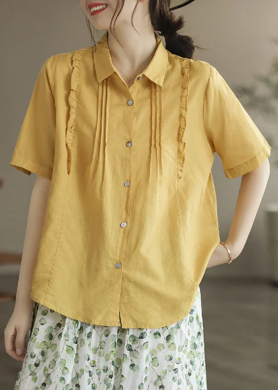 Women Yellow Peter Pan Collar Ruffled Patchwork Cotton Blouses SummerBranded Shirts