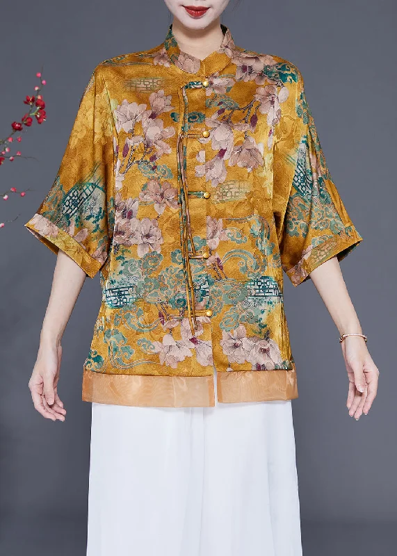 Women Yellow Stand Collar Patchwork Tassel Silk Blouses Half SleeveCashmere Shirts