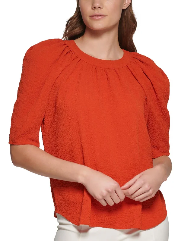 Womens Puff Sleeve Textured BlouseRibbed Cuff Shirts