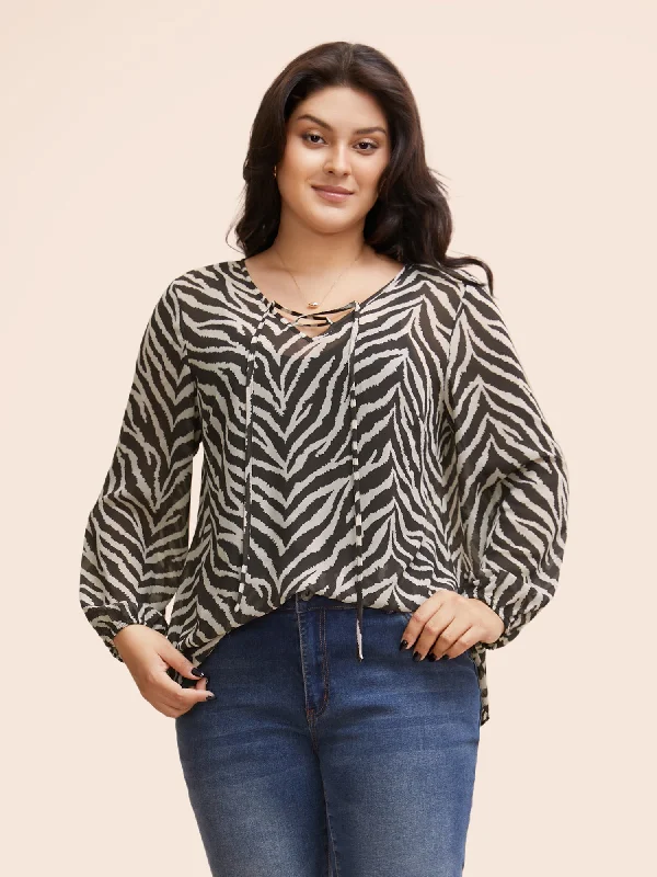 Zebra Print Lace Up Split Hem BlouseWool Shirts