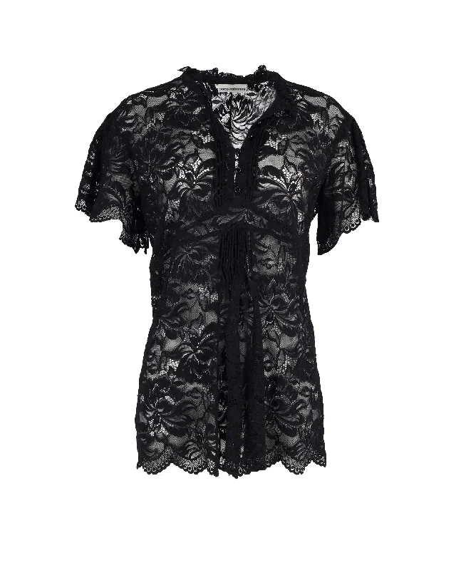 Metallic Short Sleeve TopsPaco Rabanne Floral Lace Short-Sleeve Top in Black Polyamide