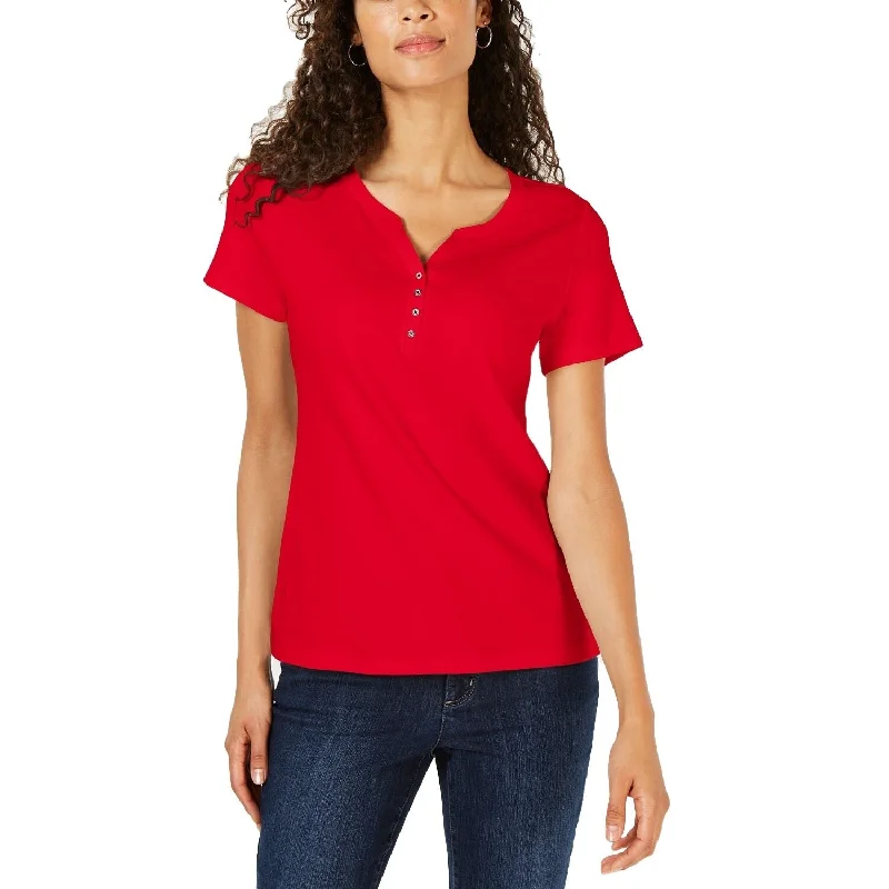 Luxury Short Sleeve TopsKaren Scott Women's Short-Sleeve Henley Top New Red Amore Size 2 Extra Large - XX-Large