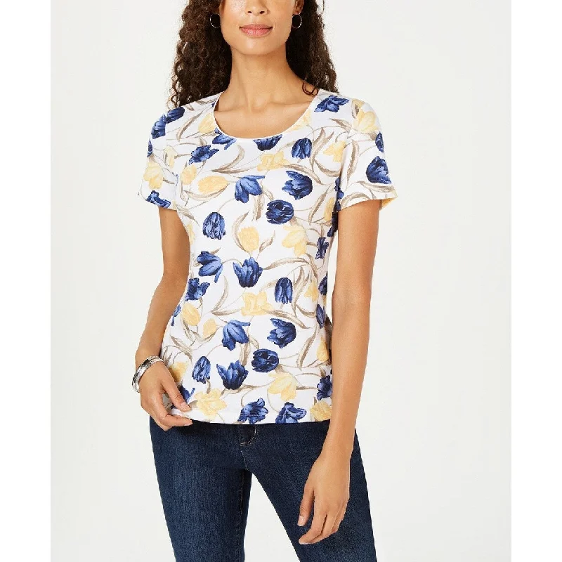 V-Neck Short Sleeve TopsKaren Scott Women's Cotton Tulip-Print Short-Sleeve Top Size Medium - White