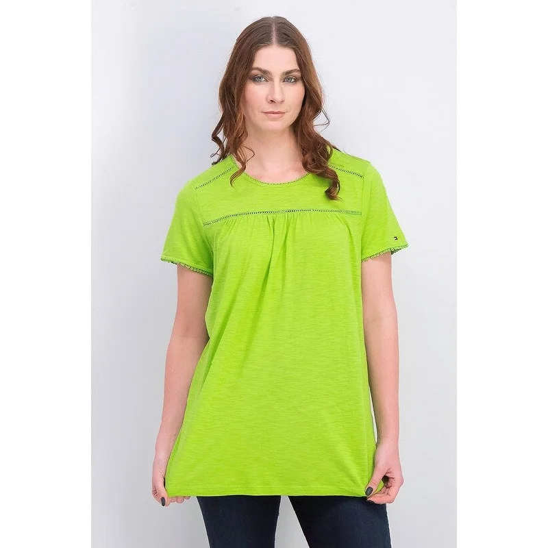 Skateboard Short Sleeve TopsTommy Hilfiger Women's Short-Sleeve Lattice-Trim Top Green Size M - Medium